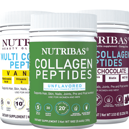 NUTRIBAS Multi Collagen Peptides Powder Variety Pack with Multivitamins | Hair Skin Nails, Joints, Pre & Post-workout | Unflavored Vanilla & Chocolate | 50 Servings