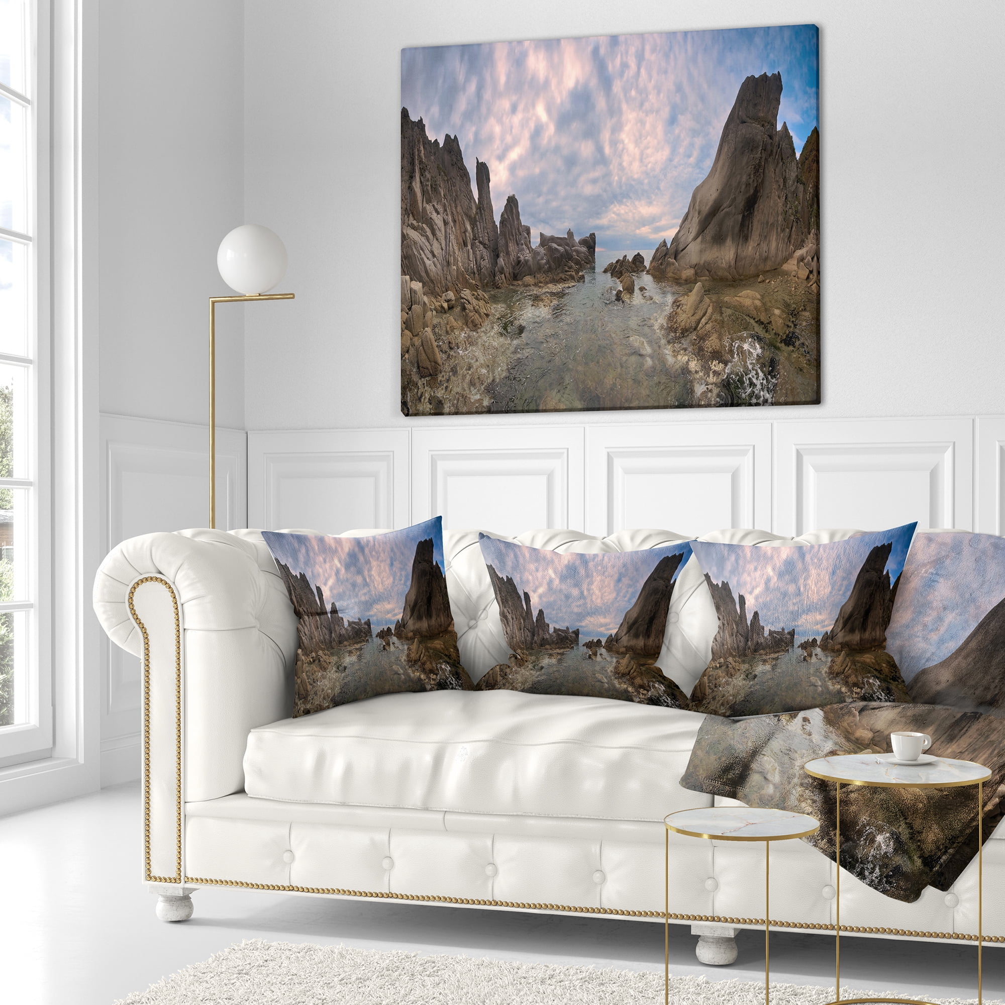 Designart Rocky Beach East Sea on Overcast Day - Landscape Printed Throw Pillow - 16x16