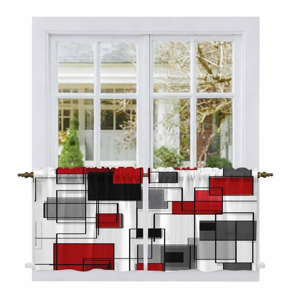 Red Grey Geometric Tier Curtains, Irregular Abstract Art Modern Light Filtering Kitchen Curtains, 2Pcs Rod Pocket Half Window Treatments Panels for Sink Cafe Cabinet Camper 27.5x36 Inches