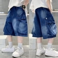 thumbnail image 2 of Kids Streetwear Hardware‑Decor Pleated Cargo‑Pocket Knee‑Length Denim Shorts, Elastic Waist Loose‑Fit Boys Summer Outdoor Casual Shorts, 2 of 7
