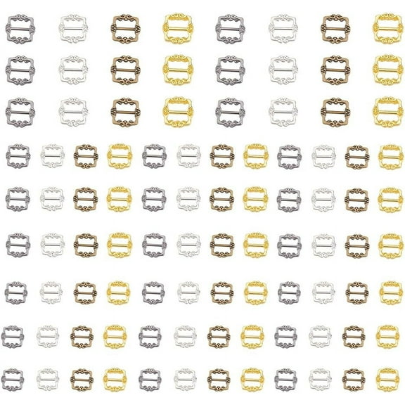 104 Pcs 4 Colors Sewing Mini Tri-Glide Buckles Emboss Flower Pattern Metal Adjuster Buckles 10mm 12mm 15mm Adjustable DIY Patchwork Buckle for Doll Clothing Bag Shoe Purse Accessories