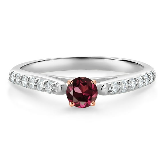 Gem Stone King 10K White and Rose Gold Red Rhodolite Garnet and White Lab Grown Diamond Engagement Ring for Women (0.40 Cttw, Gemstone January Birthstone, Round 3.5MM, Size 5)