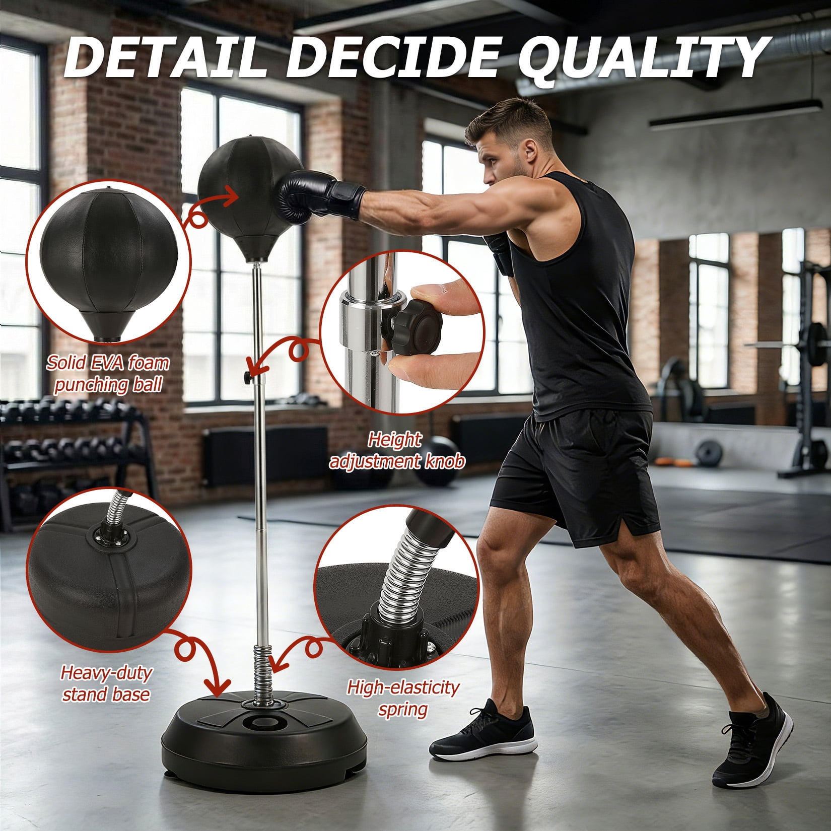 Freestanding Punching Bag Set with Gloves, Adjustable Height Reaction Boxing Ball with Spring Base, Standing Punch Bag for Adults & Teens, Home Gym Fitness Training Equipment 53-61 inch