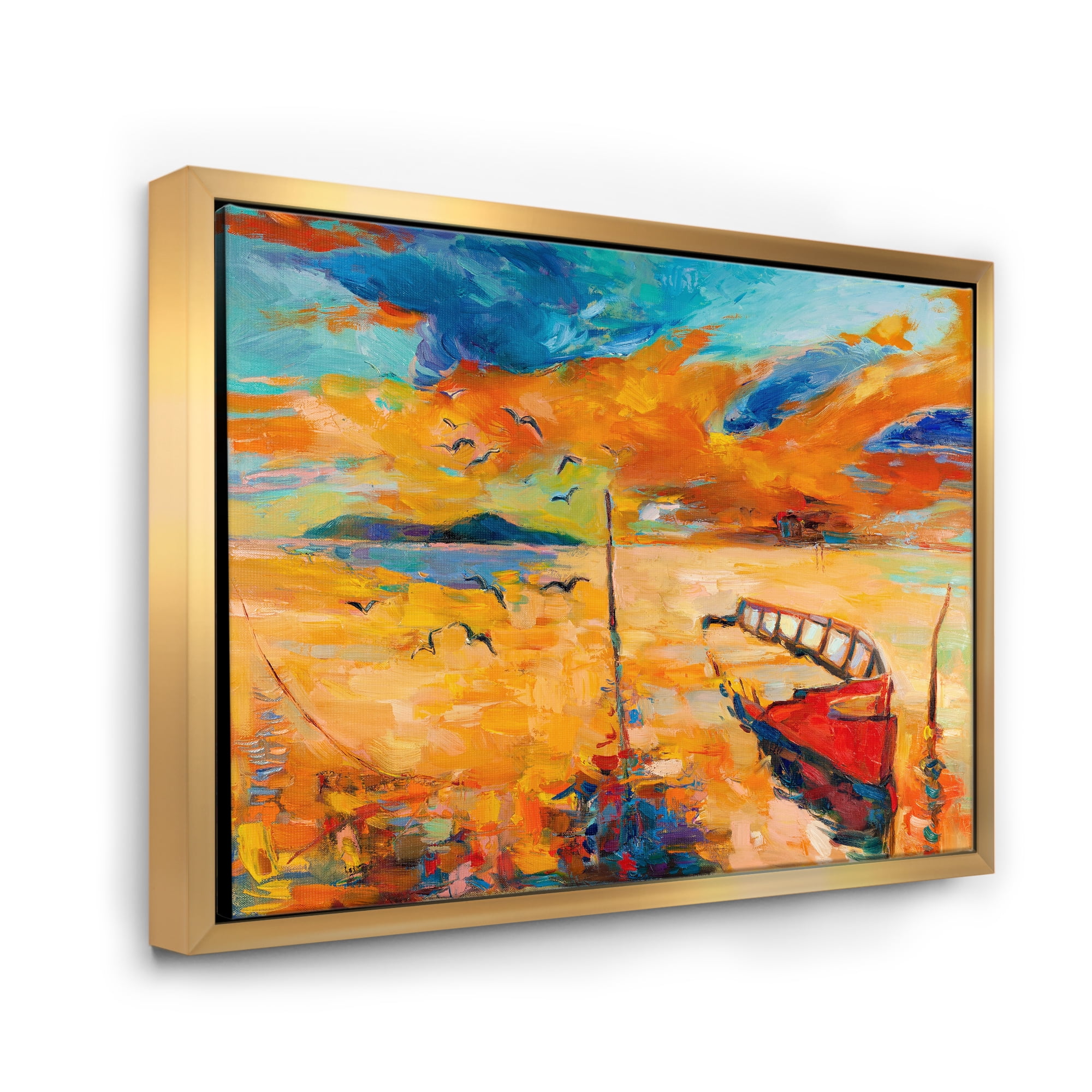 Designart 'Boat At The Lake During Evening Glow VIII' Nautical & Coastal Framed Canvas Wall Art Print