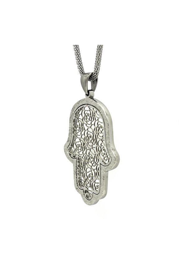 Stainless Steel Hamsa with Silver Filigree-Style Rose Pattern Pendant 19" Necklace