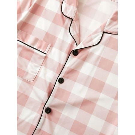 

Short Sleeve Simple Gingham Contrast Binding Short Sets Lapel Women s Pajama Sets