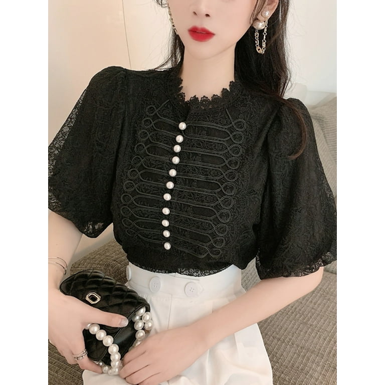 Chic Puff Sleeve Sweet Lace Blouse Women Elegant Korean Design Shirt Casual Fashion Female Pearl Buttons O Neck Tops New LYF
