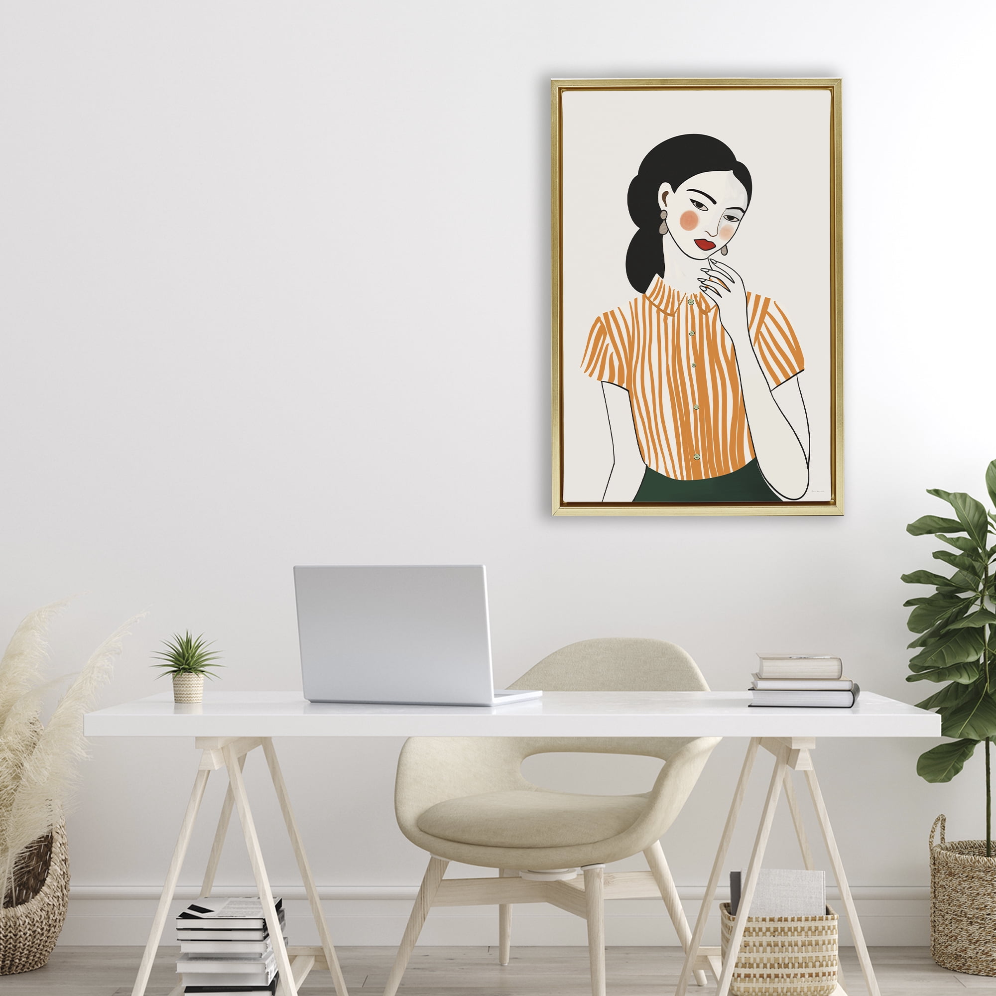 Stupell Industries Woman in Orange Blouse Gold Framed Floater Canvas Wall Art, design by Omar Escalante