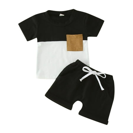 

Toddler Boys Outfits Girls Short Sleeve Children Patchwork Color Pocket Tops Shorts Sets Clothes for Boys Size 18-24 Months