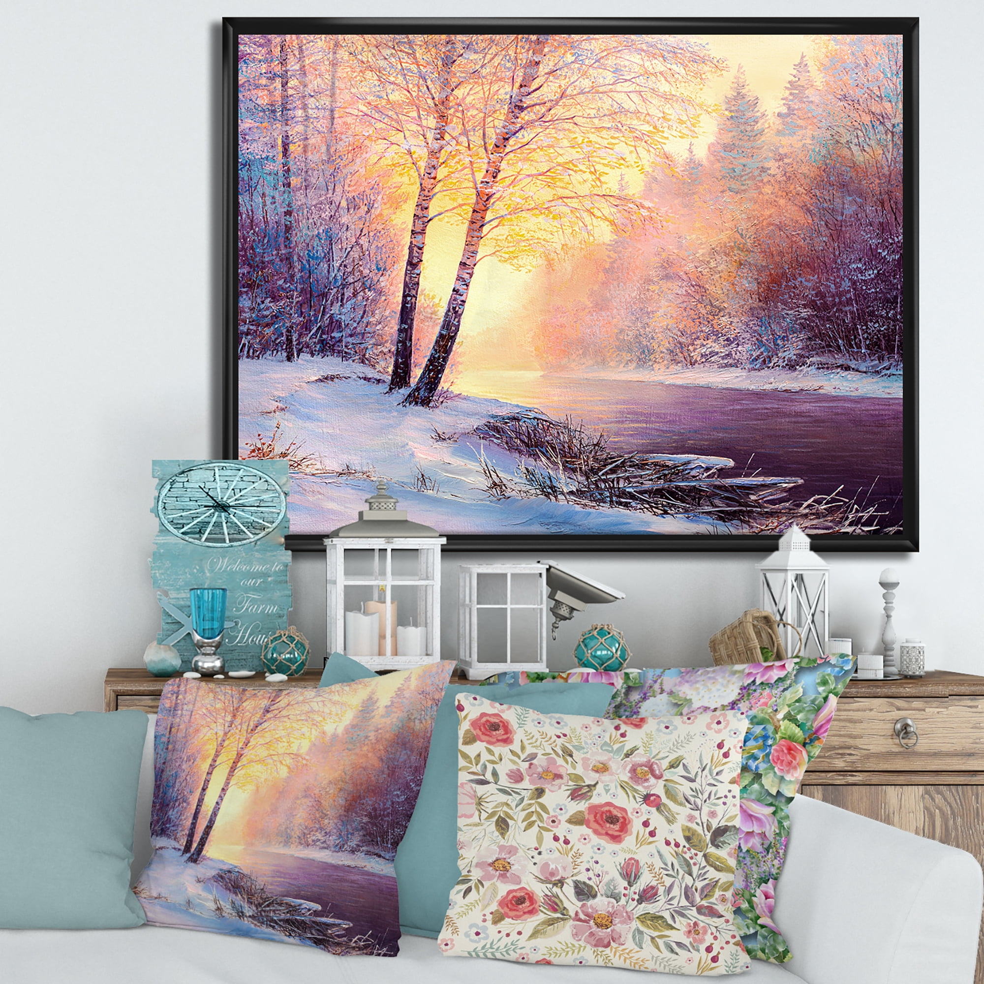 Designart 'Bridge Of Meandering River With Winter Scenery II' Lake House Framed Canvas Wall Art Print