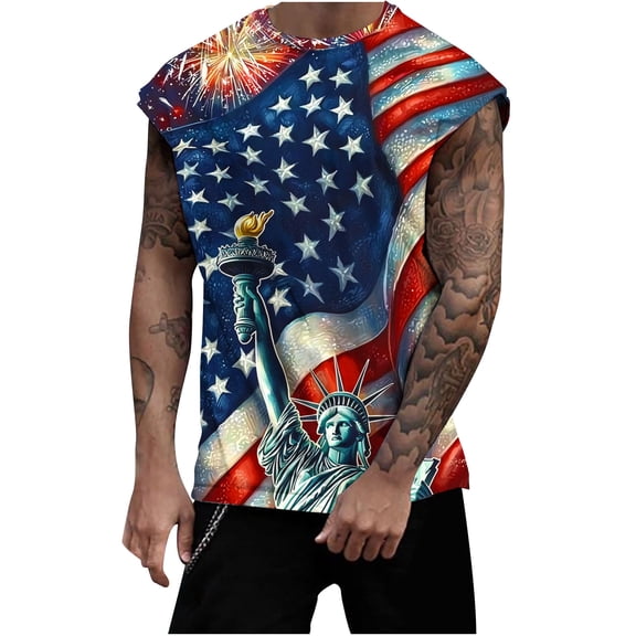 Cmfcve Men's Independence Day Tank Top Sleeveless Round Neck Patriotic Vests Casual Printing Pullover Flag Tees