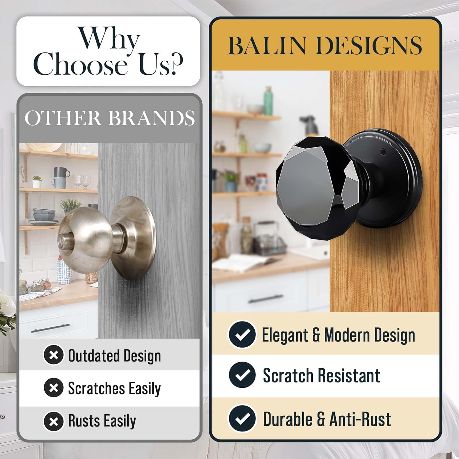 Balin Designs Crystal Doorknob by Balin Designs (Matte Black) - Decorative Hardware Interior Keyless Passage Door Lock for Hallway Passage, Kitchen, or Other Doors (1 Pack)