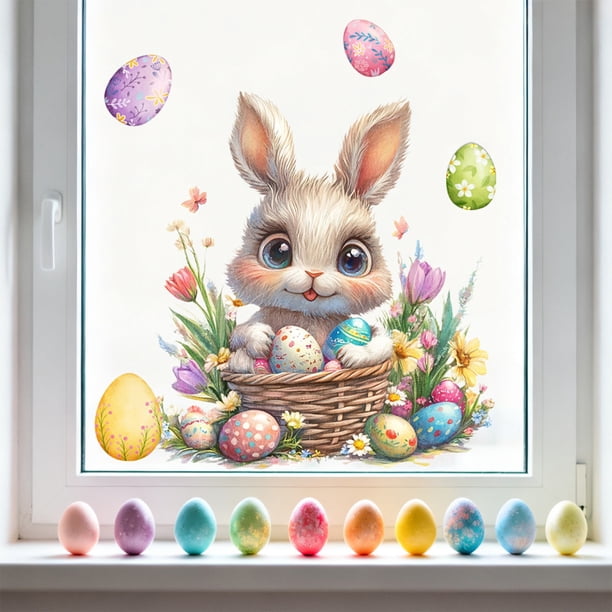Uuiauoio 1 Sheet Easter Window Clings for Glass Windows, Easter Egg Bunny Butterfly Stickers Spring Window Clings Decorations, Spring Windows Decals for Home Office Party Decor