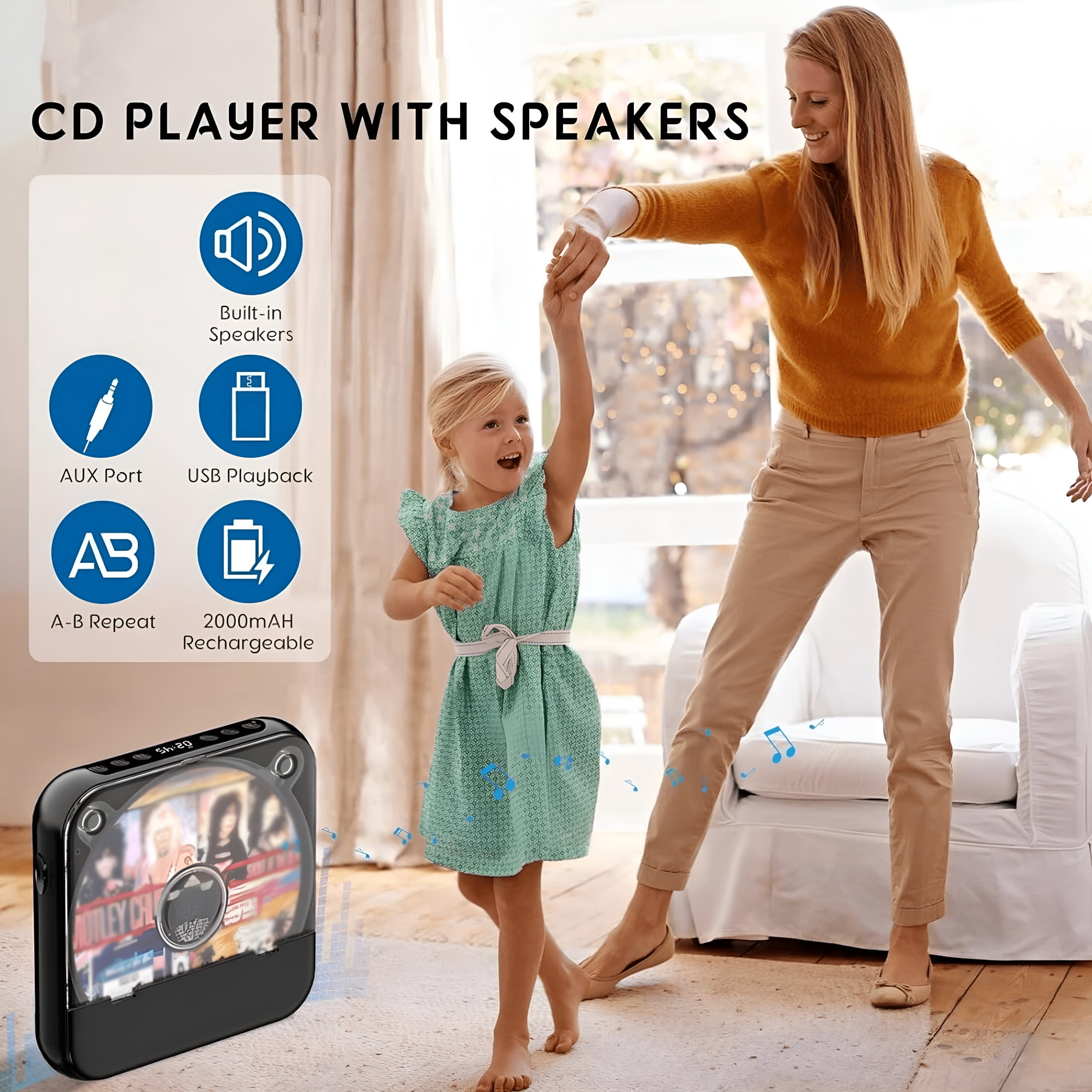 GJX Portable Bluetooth Lcd Screen Display Cd Player, Plays Mp3 Cd-R/Rw for Car Travel, Black