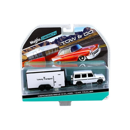 White Model Car - Mercedes G Class Wagon White and Car Trailer Tow & Go 1/64 Diecast Model by Maisto
