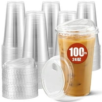 100 Pack - 24 Oz Plastic Cups With Lids, Food Safe Iced Coffee Cups with Lids, Disposable Plastic Cups for Party Drinks, Bubble Tea and Cold Beverage
