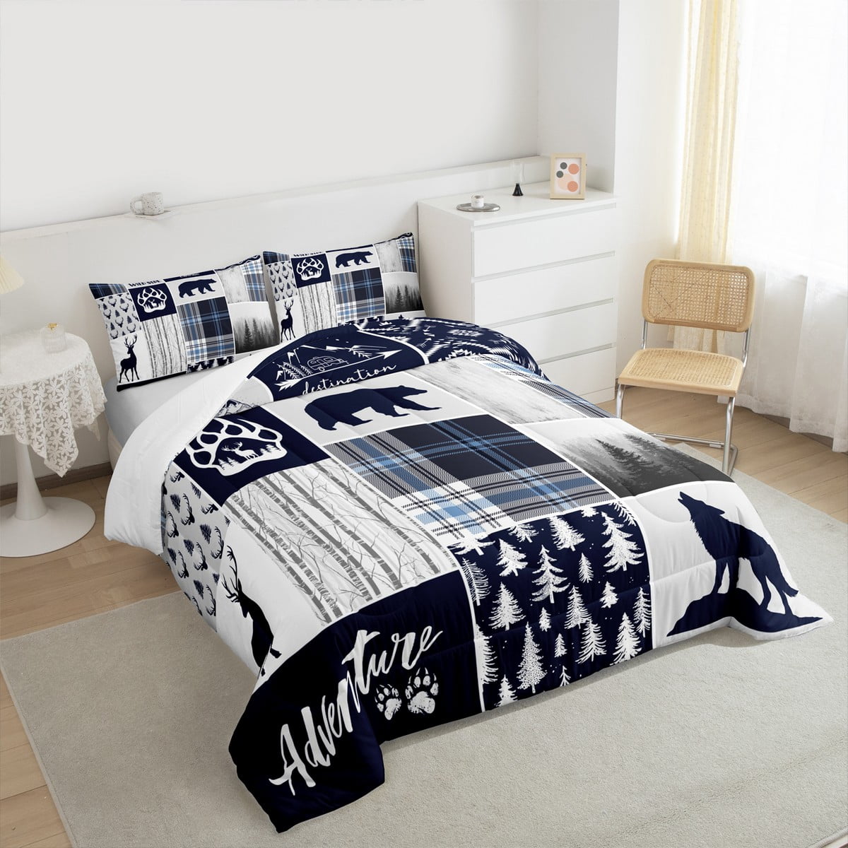 Deer Bear Comforter Set Twin Size,Wolf Hunting Adventure Rustic Bedding Set Adults Room Decor,Geometric Plaids Patchwork Down Comforter,Blue Xmas Duvet Insert