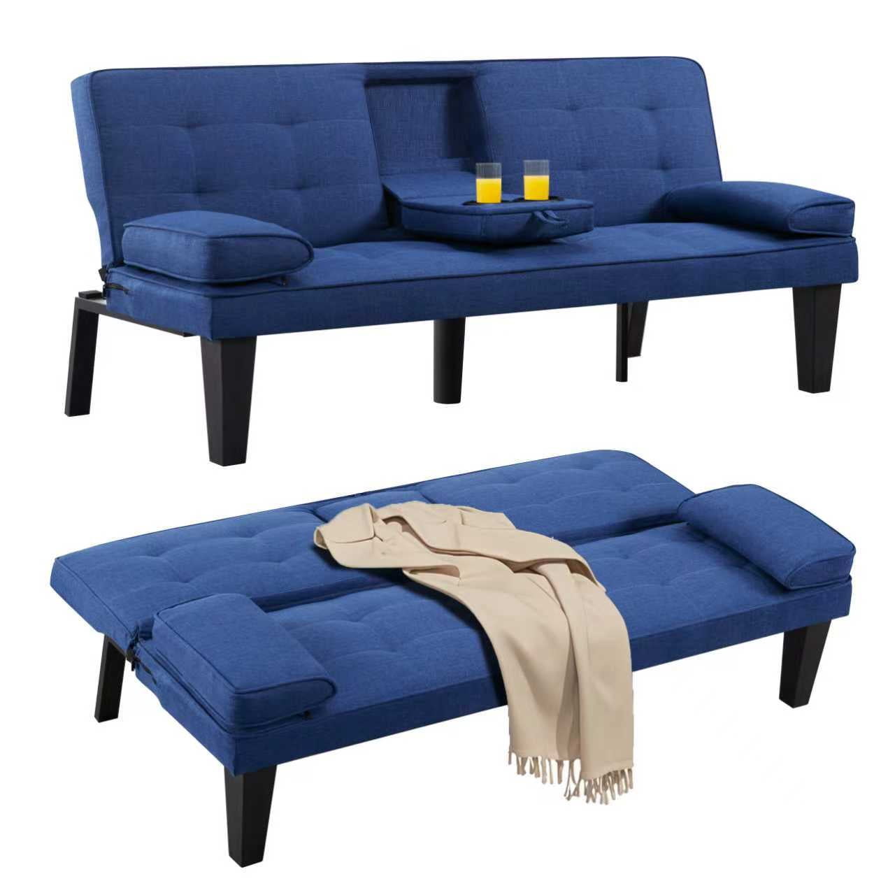 Gewnee 65”Futon Sofa Bed,Modern Convertible Futon Couch with 2 Cup Holders,Removable Armrests,Loveseat Sleeper Sofa Bed for Living Room,Apartment(Navy Blue)