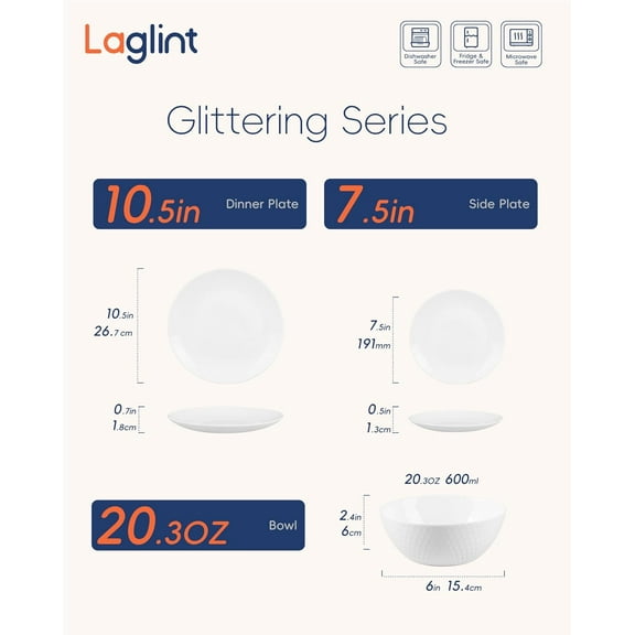 Dinnerware Sets for 4, White Opal Glass Plates and Bowls Set