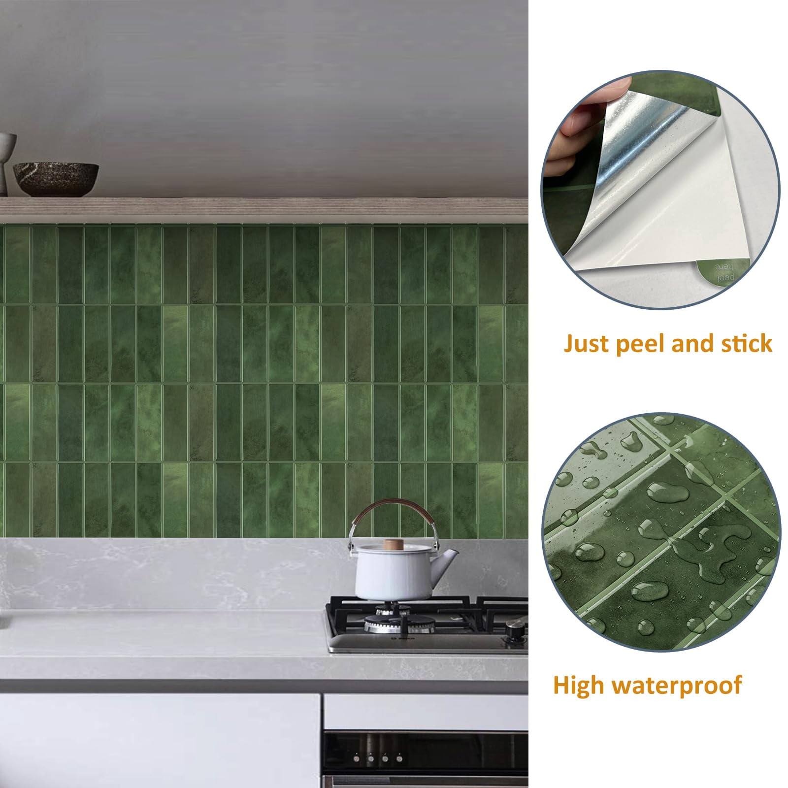 VANCORE 12" X 12" Peel and Stick Backsplash Wall Tiles, Wall Stickers for Kitchen Bathroom 10-Pack , Green