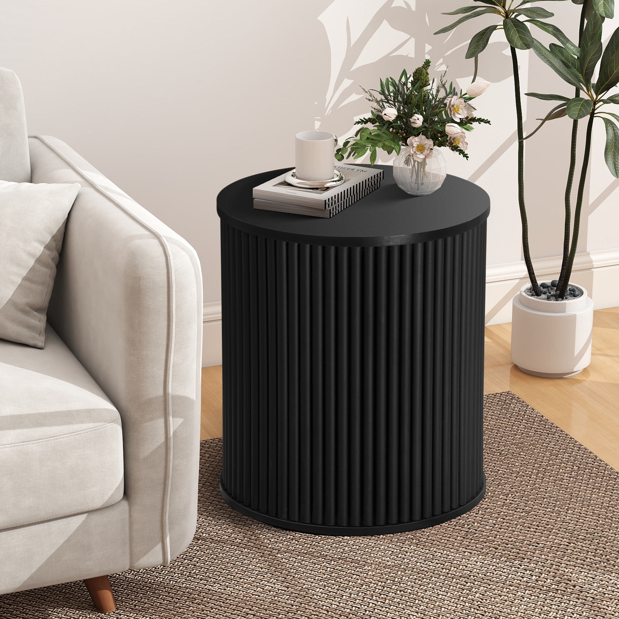 Wirrytor Round Side Table for living room, Fluted End Table for Small Spaces, Mid Century Modern Small Accent Tables, Bedside Table, Couch Side Table, Nightstand for Bedroom Couch,Black
