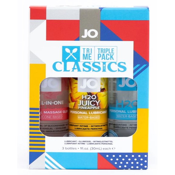 System JO Tri-Me Triple Pack Classics - JOs All-in-One Massage Glide Plus JO’s Classic H20 Lube and Juicy Pineapple Lubricant - 3 Bottles - 1 Ounce / 30 ML. Each