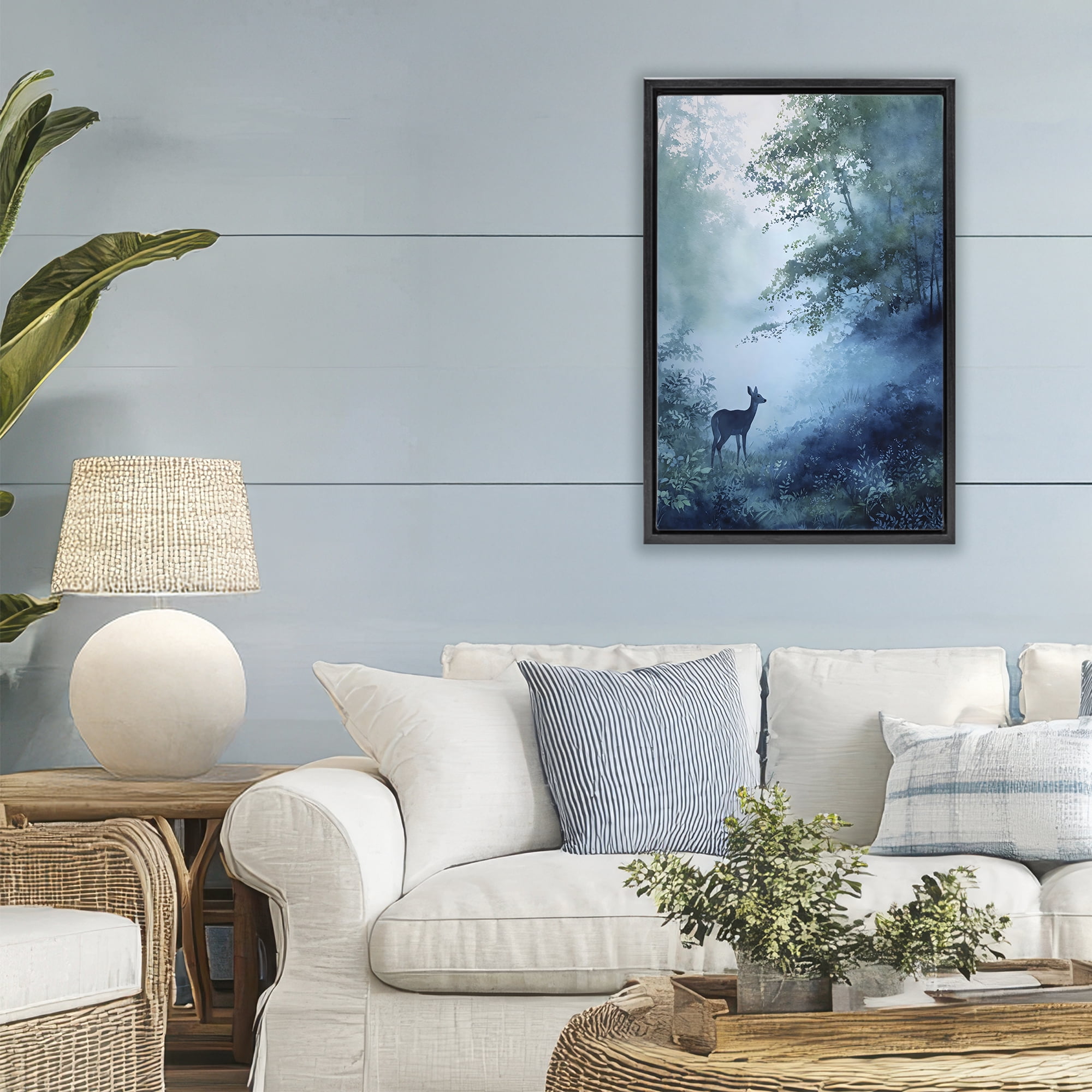 Stupell Industries Blue Dawn Deer in Mist Black Framed Floater Canvas Wall Art, design by Franklyn Gregory