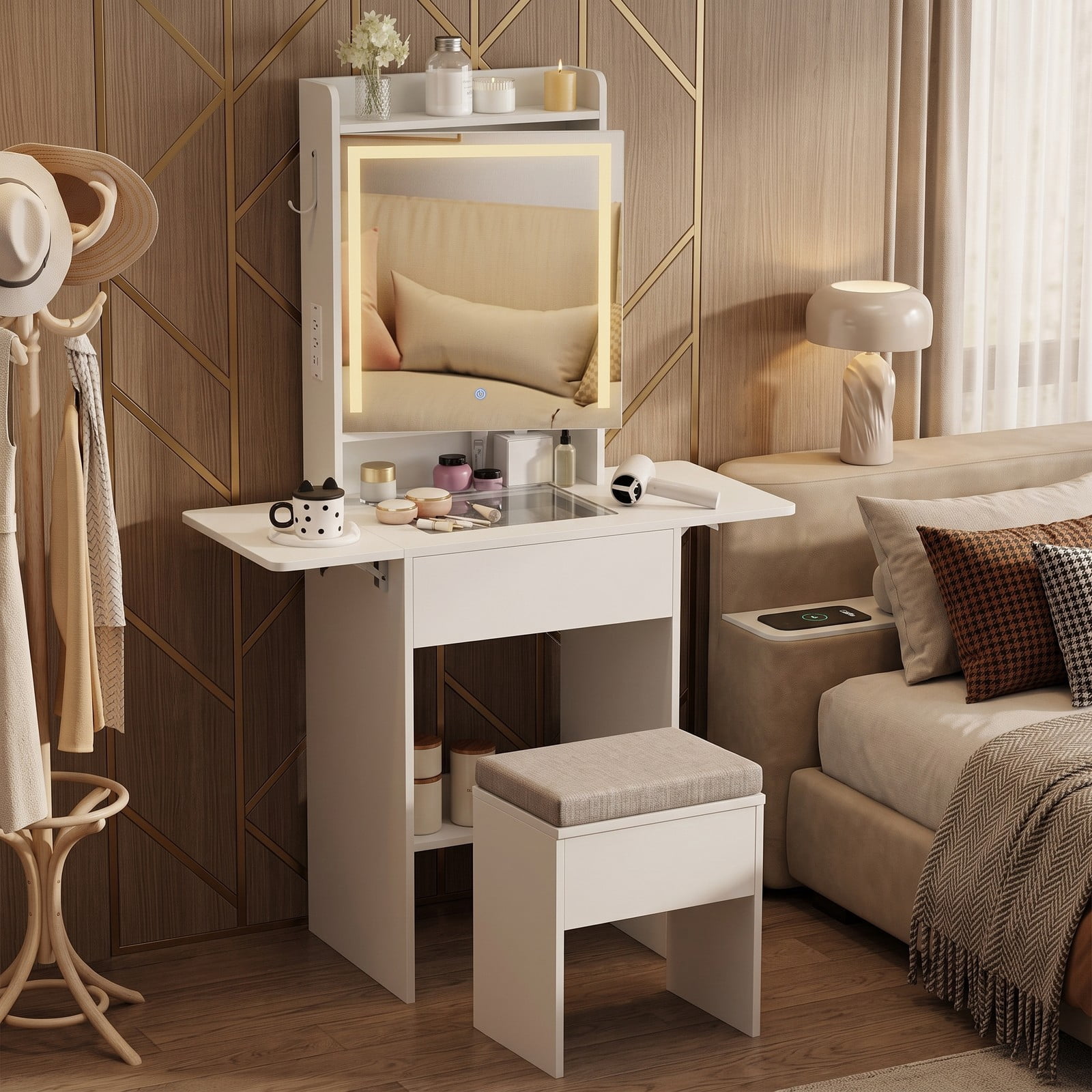 Furnibear Space Saving Vanity Desk with Foldable Drop Leaf Tables and LED Lighted Mirror and Storage Stool for Small Bedroom,White