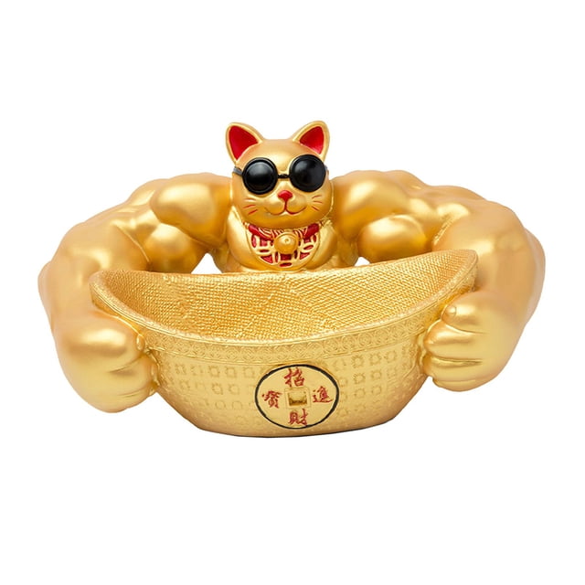 Estatua creativa de gato de la suerte, caja para guardar llaves, escultura Feng Shui con brazo musculoso Oro