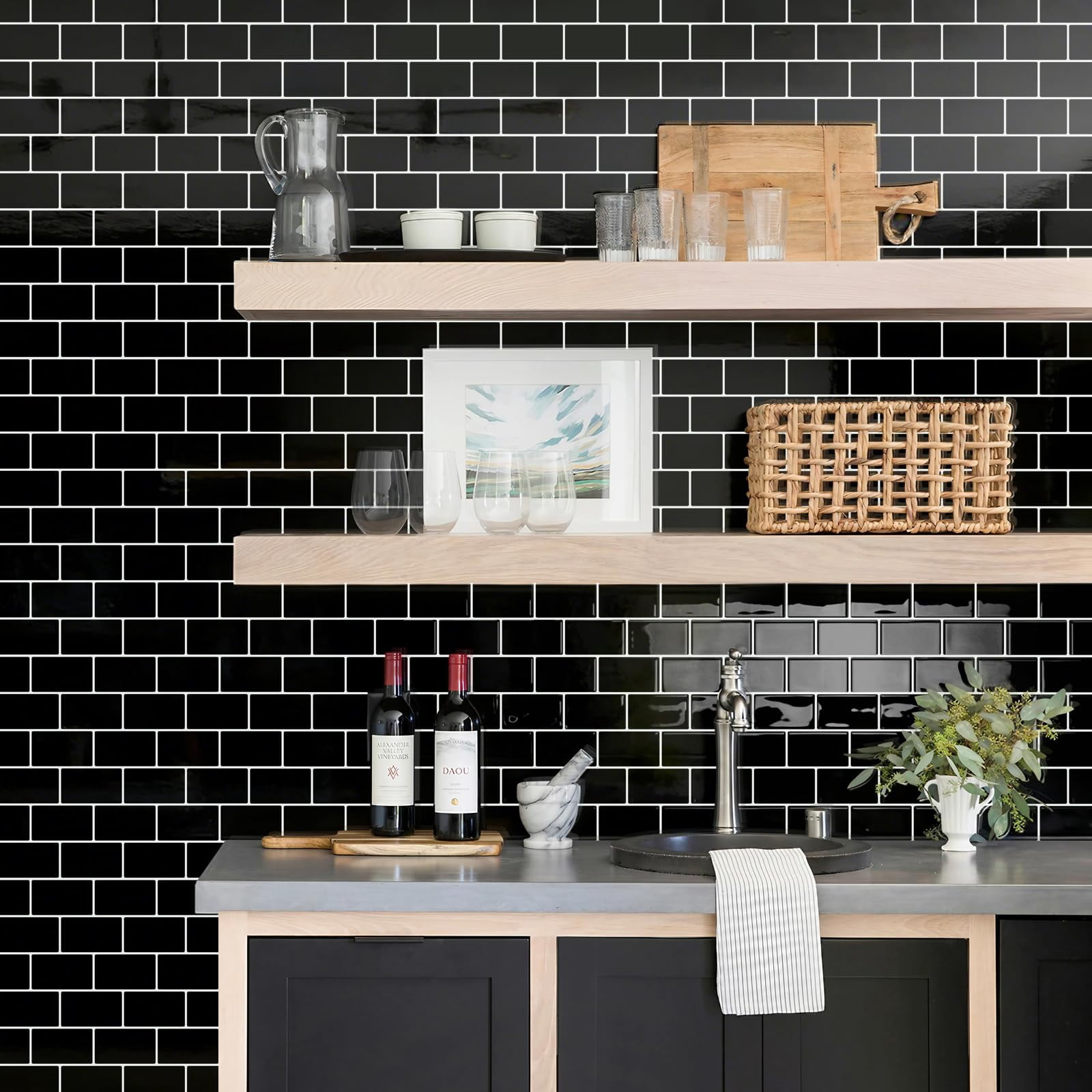 Subway Tiles Peel And Stick Backsplash  On Kitchen In Black (pack Of 10 Thicker Design)