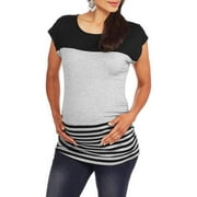 Angle View: Maternity Short Sleeve Scoopneck Mixed Stripe and Solid Side Cinch Top
