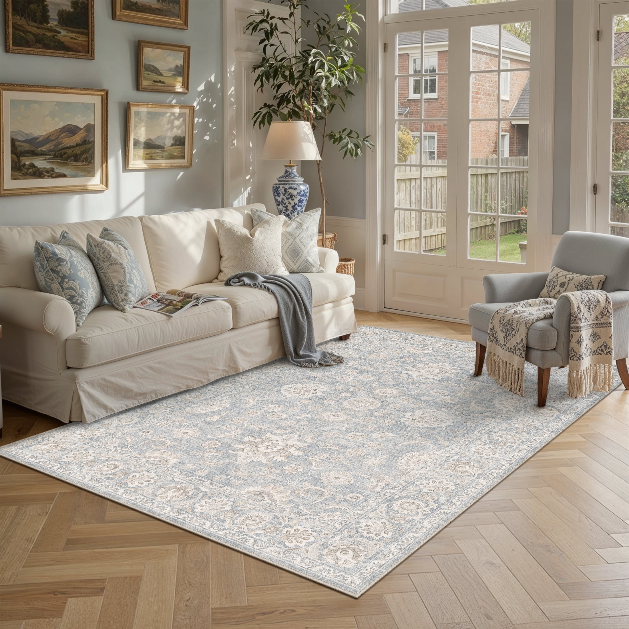 BERTHMEER 6'x9' Vintage Area Rugs for Living Room Blue Rugs for Bedroom Kitchen Non Slip Washable Carpets Office Farmhouse Dorm Dining Room Oriental Traditional Distressed Rugs