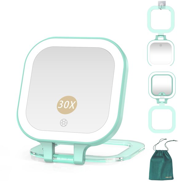 Mocado Espejo compacto de viaje para maquillaje, espejo de aumento 1X/30X con luz, espejo compacto de doble cara con luz de 3 colores, espejo de mano regulable, recargable, para bolsillo de bolso (ver