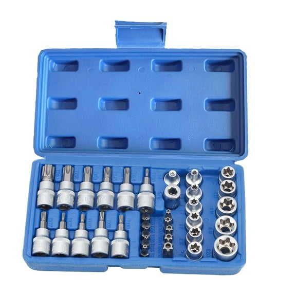 34-piece set of star-shaped bit sockets, 3/8" ratchet wrench and 5/16" hexagon screw combination tool