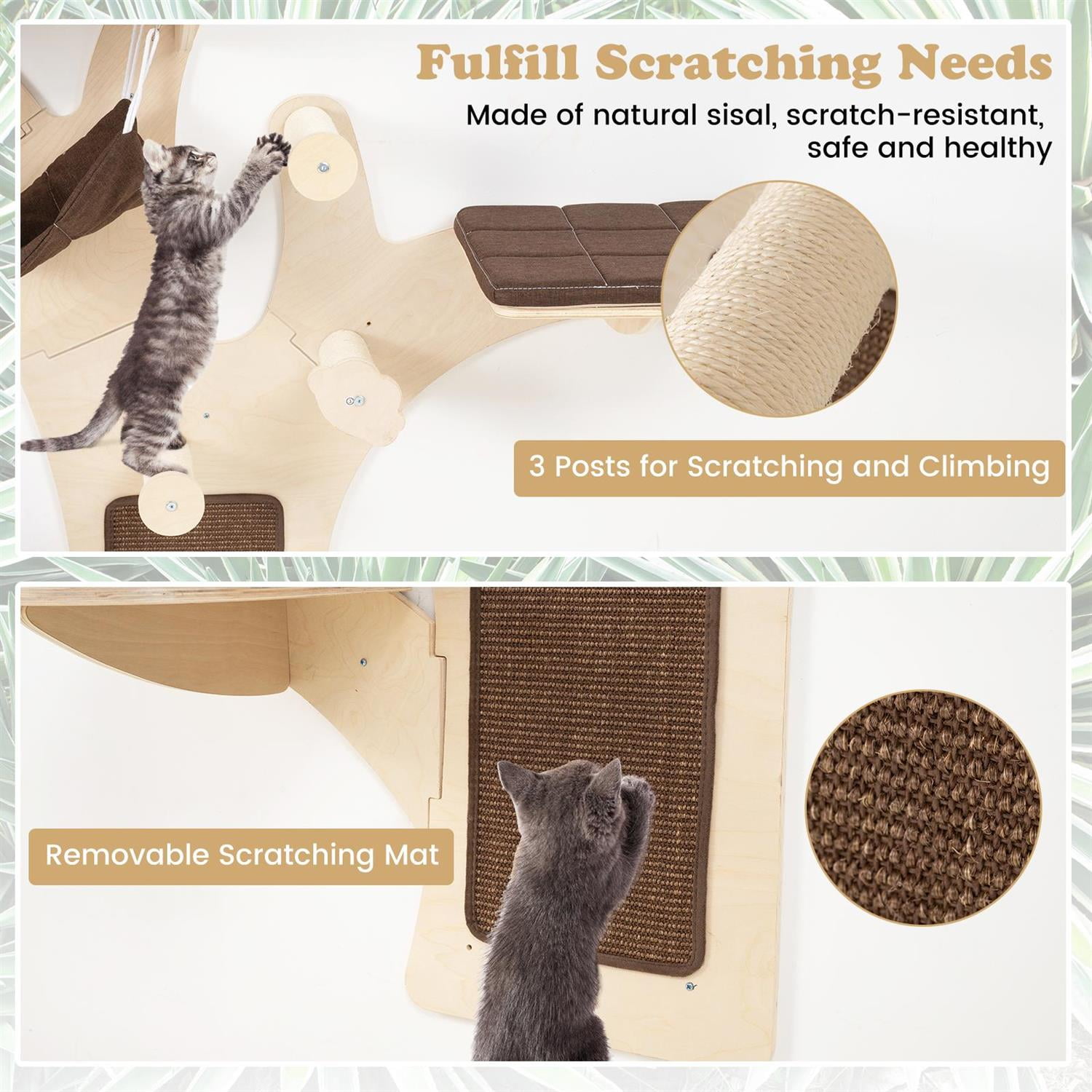 Pefilos Wall-Mounted Cat Tower, Cat Wall Shelves & Perch, Hammock & Sisal Scratching Posts, Brown