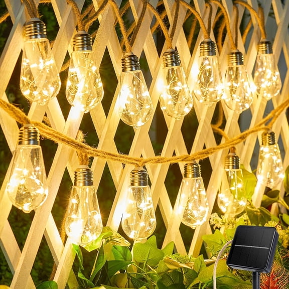 Solar String Lights Outdoor, 30Ft Vintage Hemp Rope Solar Patio Lights with 16 Shatterproof Bulbs, 8 Light Modes Waterproof Hanging Lights for Backyard Fence Café Bistro Decor(Warm White)