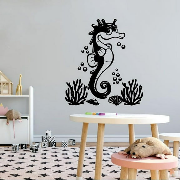 Cute Adorable Seahorse BubblesUnderwater Silhouette Drawing Cartoon Vinyl Wall Decal Wall Sticker Wall Art Home Decoration Fun Home Decoration For Girls Boys Kids Room House Décor Size (30x30 inch)