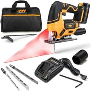 MOTORHEAD 20V ULTRA Cordless Jig Saw, Lithium-Ion, LED, Laser & Edge Guide, 0-45° Bevel.80” Stroke, 2700 SPM, Variable Speed, 2Ah Battery, Charger, Bag, 3 Blades (MH-03-JS-B1-0-2)