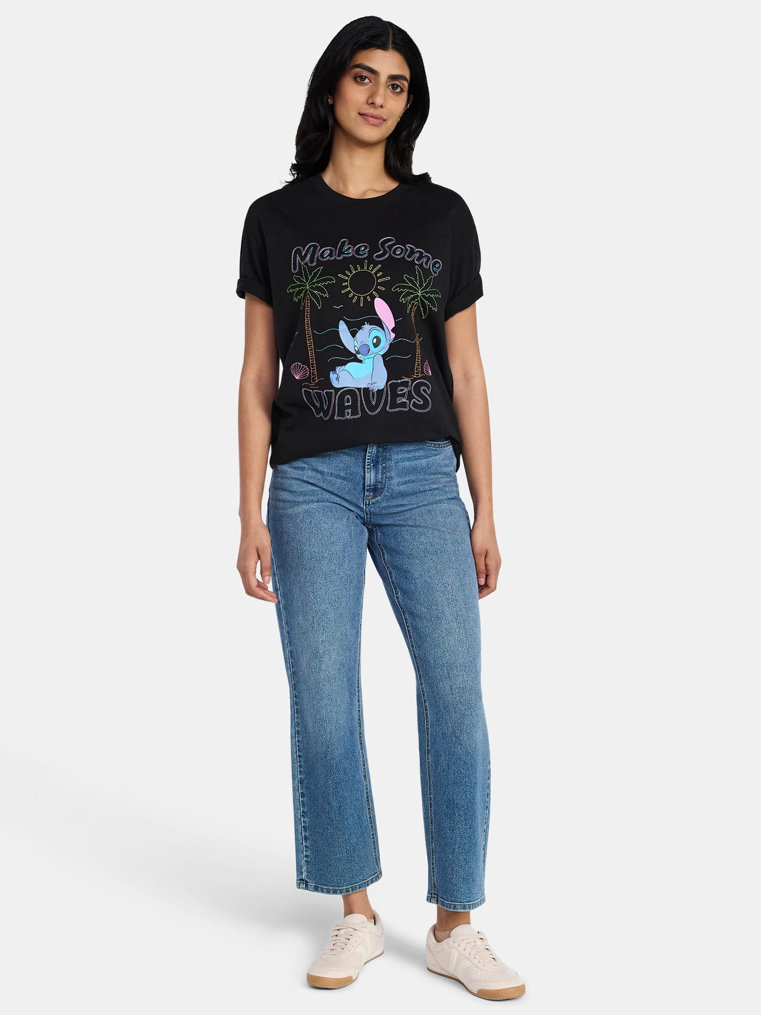 Disney Stitch Women's Embroidered Graphic Tee with Short Sleeves, Sizes XXS-XXL