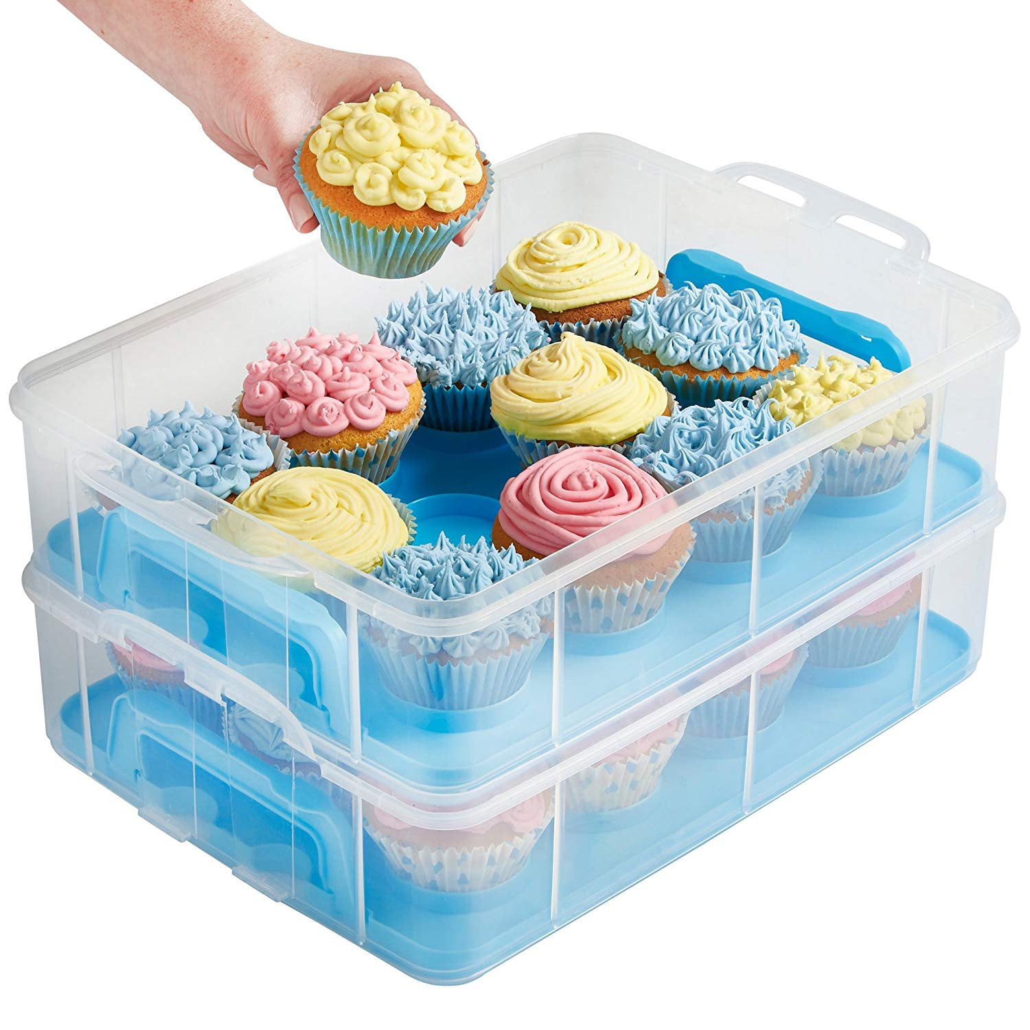 Blue 24 Slot, 2 Tier Flexzion Cupcake Carrier Holder Container Box - 24 Cupcakes Slot or 2 Large Cakes Pastry Clear Plastic Storage Basket Taker Courier with 2 Tier Stackable Layer Insert 