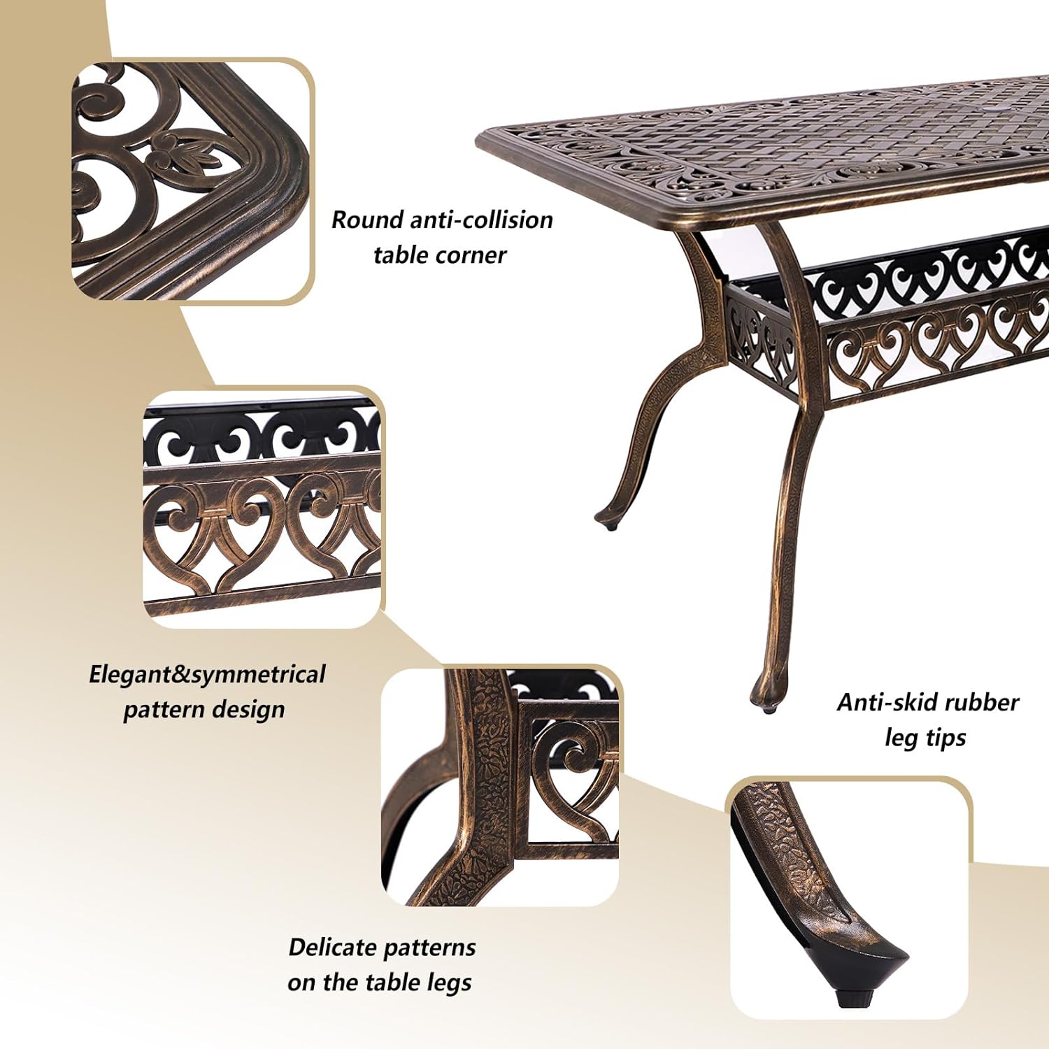7-Piece Outdoor Furniture Dining Set, Cast Aluminum Patio Conversation Set with Table, 6 Chairs and Khaki Cushions