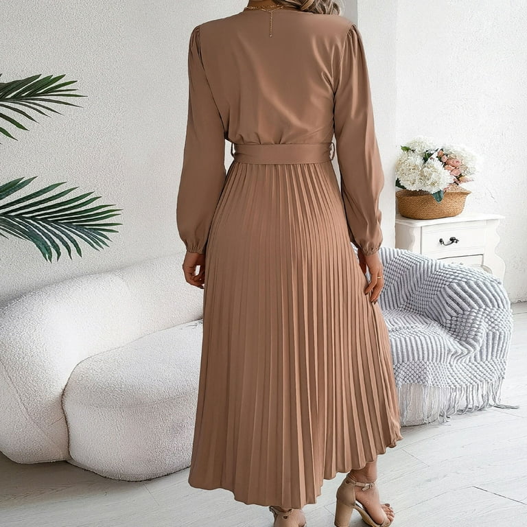 Diufon Womens Long Sleeve Dresses Fall V Neck Button Maxi Dress Lace-Up Waisted A-Line Pleated Dress, Women's, Size: XL, Beige
