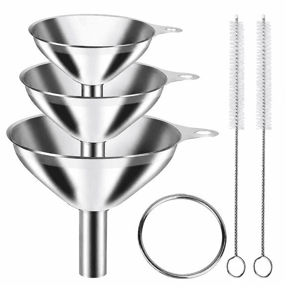 FAHZON Stainless Steel Funnel Set, 3-Piece Kitchen Funnels for Filling Bottles, Including 2 Cleaning Brushes