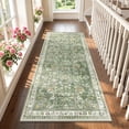 thumbnail image 2 of MJIAexp 3'x6' Boho Runner Rug,Non Slip Washable Floral Hallway Runner Rug with Rubber Backing, Low Pile Faux Wool Distressed Carpet for Kitchen, Laundry, Bedroom, Entrance,Green, 2 of 7