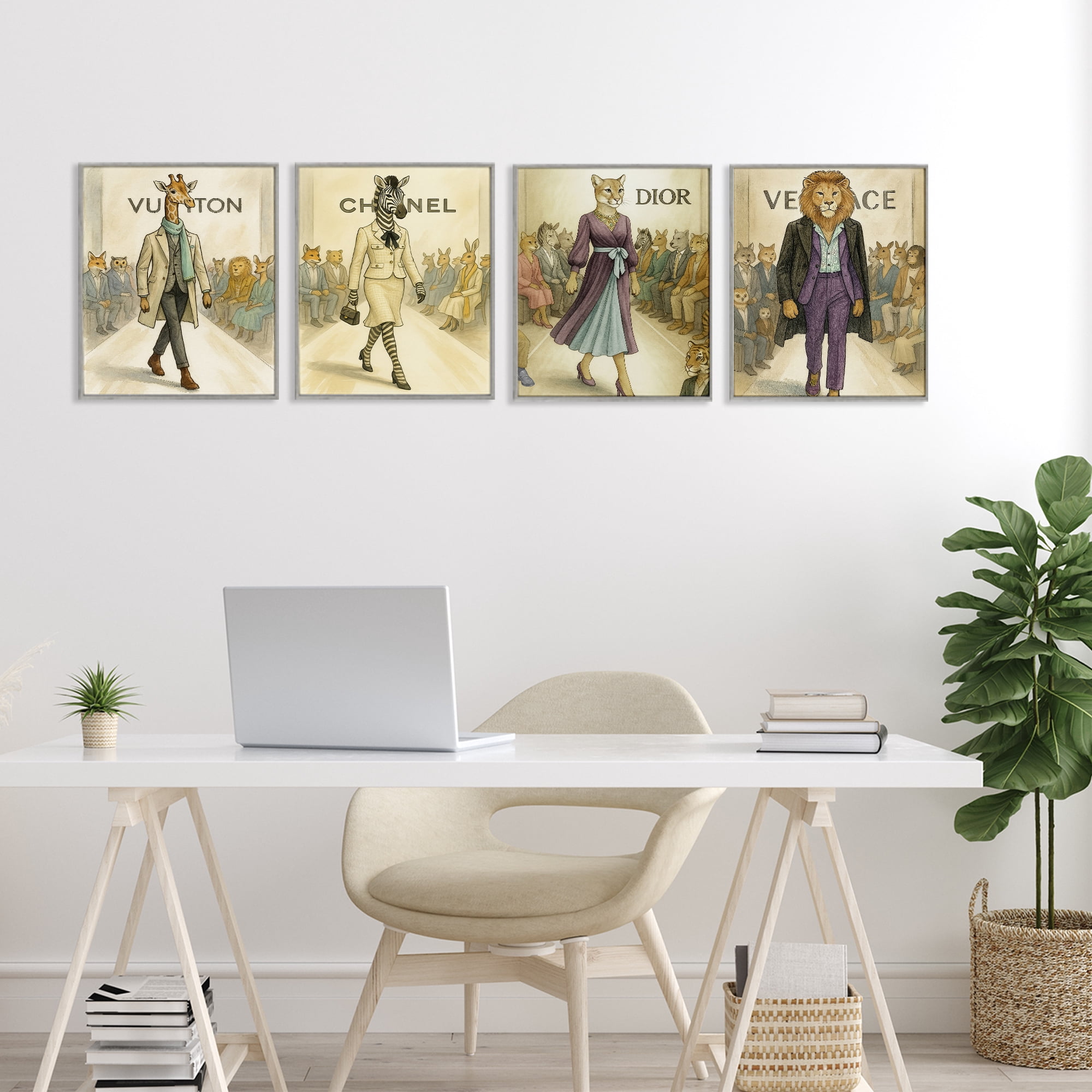 Stupell Industries Fashion Runway Animals 4 Piece Gray Framed Giclee Art Set, design by Grotto Studios