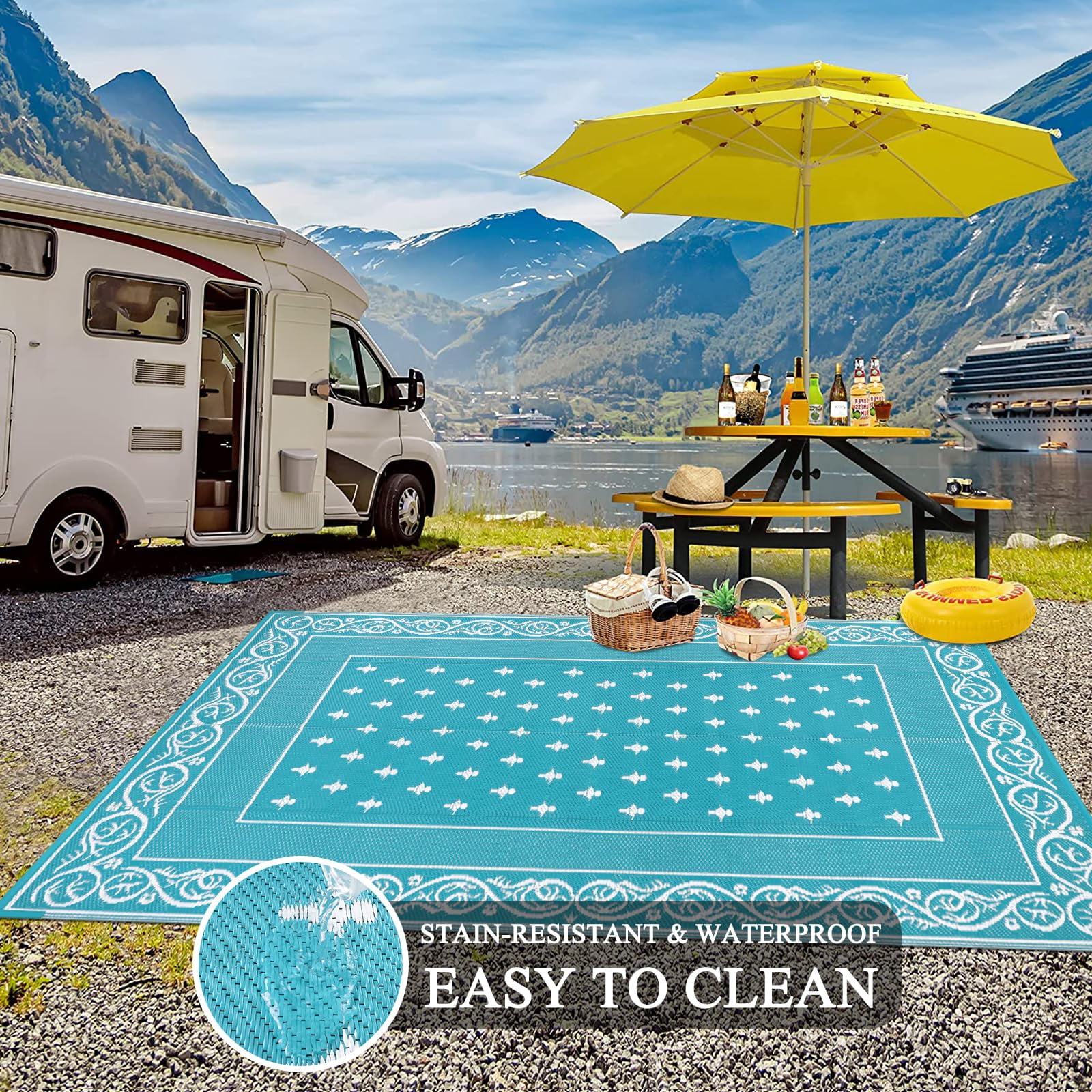 Findosom 8'x10' Teal Large Outdoor Rug Outdoor Mat RV Outdoor Rug Reversible Plastic Straw Rug Patio Rug Waterproof Foldable Portable Camping Rug for RV, Patio, Backyard, Deck, Picnic, Beach, Trailer