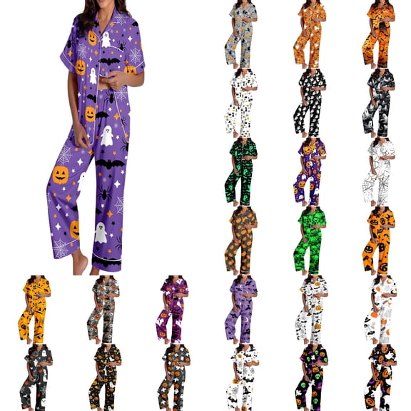 MuXiKeJi Clothes Halloween Pajamas Women Womens 2 Piece Outfits Fall Matching Pjs Button Down Sleepwear for Home,Pink Halloween Pajama Set Women