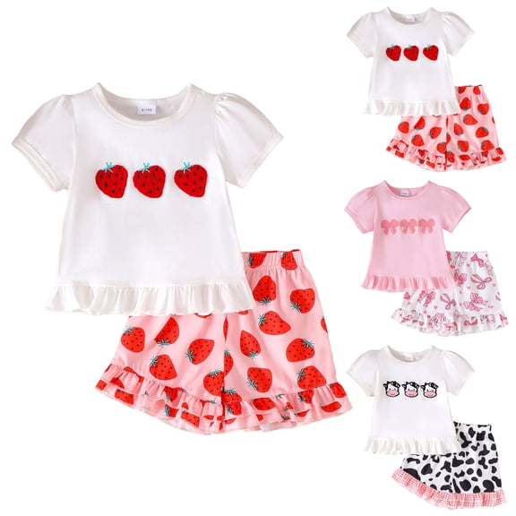 Faraee Toddler Baby Girls Summer Clothes Short Sleeve T-Shirt Tops Ruffled Shorts Sets Bow Strawberry Cow Print Casual Homewear Outfit Black Size 6-12 Months