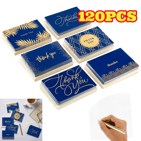 120pcs Thank You Cards Assortment, Gold and Navy, 120 Thank You Notes with Envelopes for Wedding, Bridal Shower, Business, Graduation