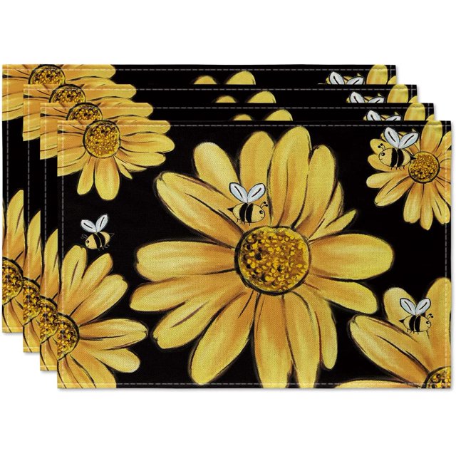 Bee Sunflower Placemats for Dining Table Set of 4, Spring Summer